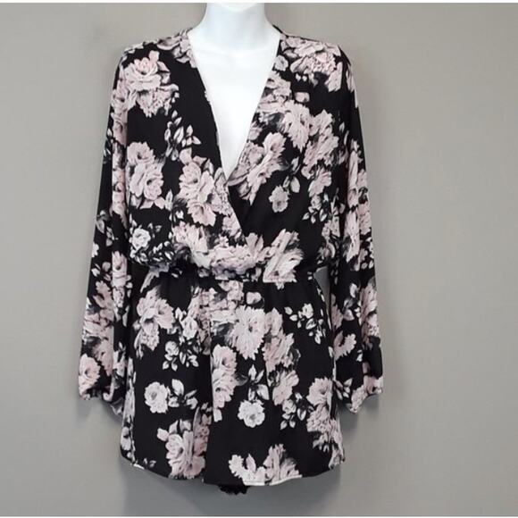 Black Pink Floral Romper Long Sleeve Surplice XS RED Saks Fifth Avenue - Picture 5 of 11